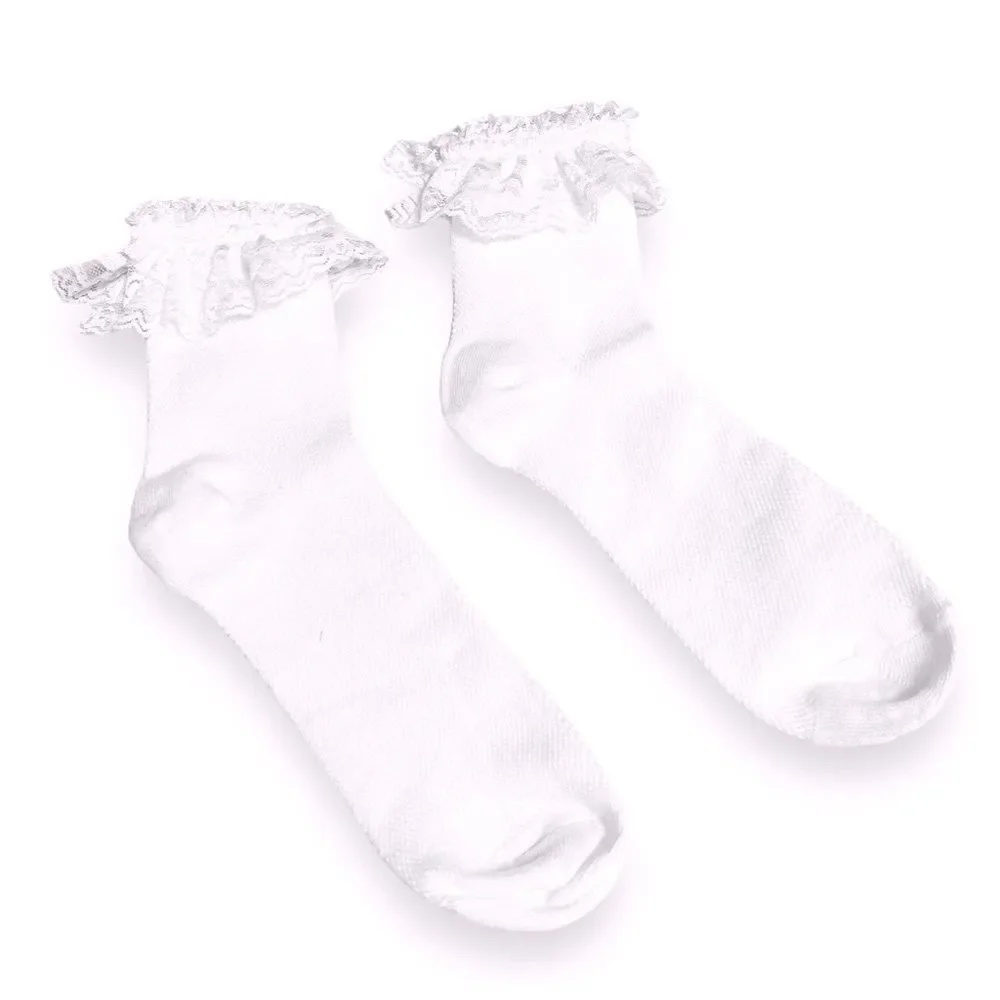 White Cotton Lace Ruffle Ankle Socks NEW